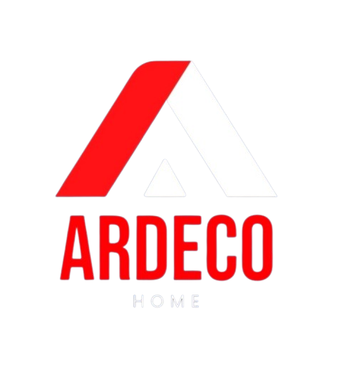 Logo de la marque "ARDECO HOME". Il présente une lettre "A" stylisée composée d'une large bande diagonale rouge à gauche et d'un contour fin à droite. Le mot "ARDECO" est écrit en lettres capitales rouges et grasses, avec le mot "HOME" en gris plus petit en dessous.