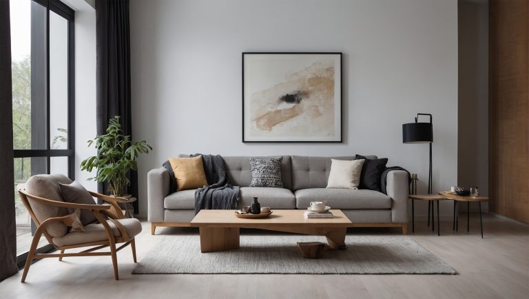 Vue frontale d'un salon moderne et minimaliste. Un grand canapé gris avec des coussins décoratifs et un plaid est placé devant un mur blanc orné d'un tableau abstrait. Un fauteuil en bois, une table basse en bois clair sur un tapis gris, et un lampadaire noir complètent la pièce baignée de lumière naturelle.