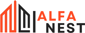 Logo composé d'un symbole graphique abstrait à gauche évoquant une structure architecturale ou des lignes parallèles stylisées, suivi du texte "ALF" en orange et "NE" en noir juste en dessous, le tout sur un fond blanc.